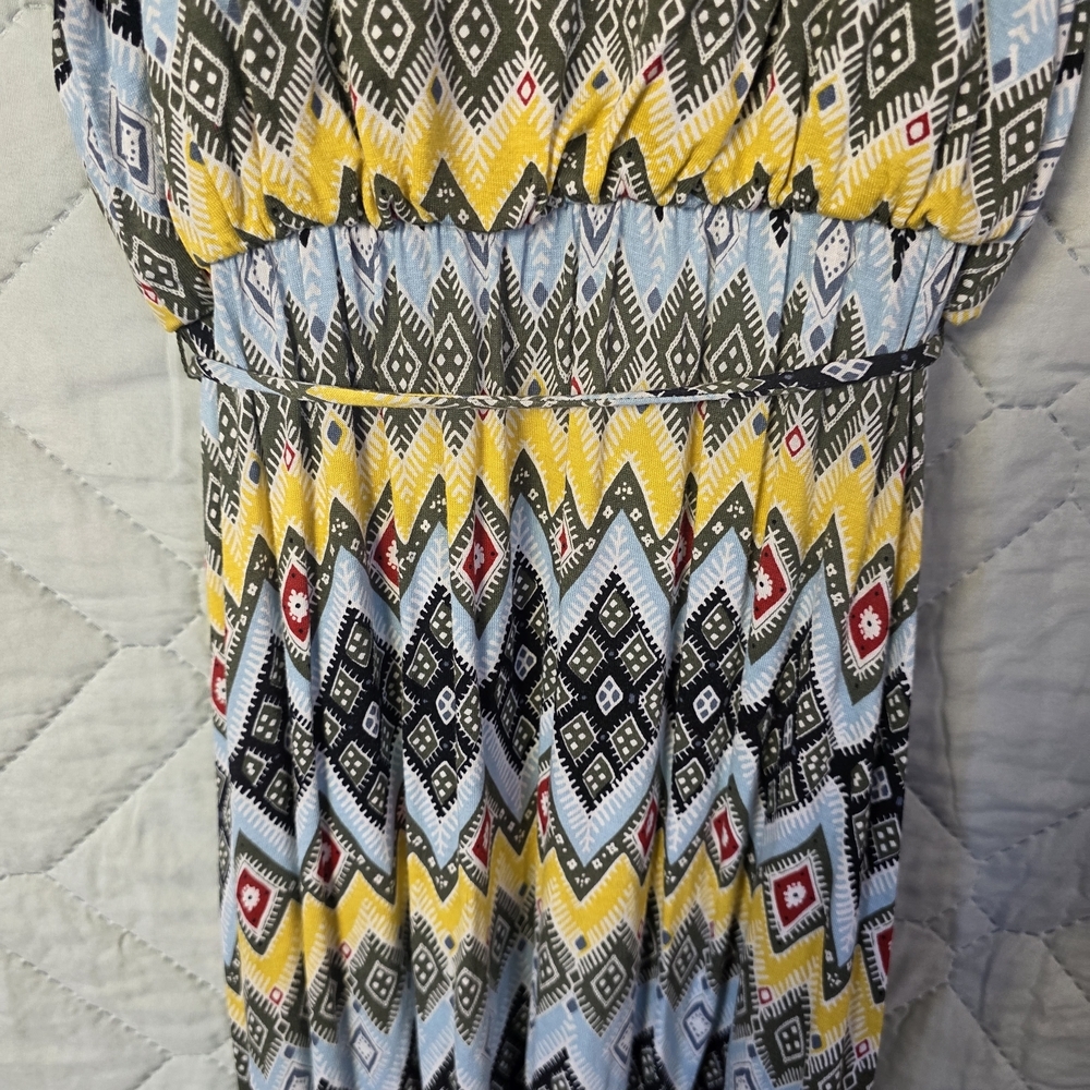 Ann Taylor Loft Multi Color Geometric Cold Shoulder Dress Sz XS Boho Blue Yellow - Picture 9 of 9